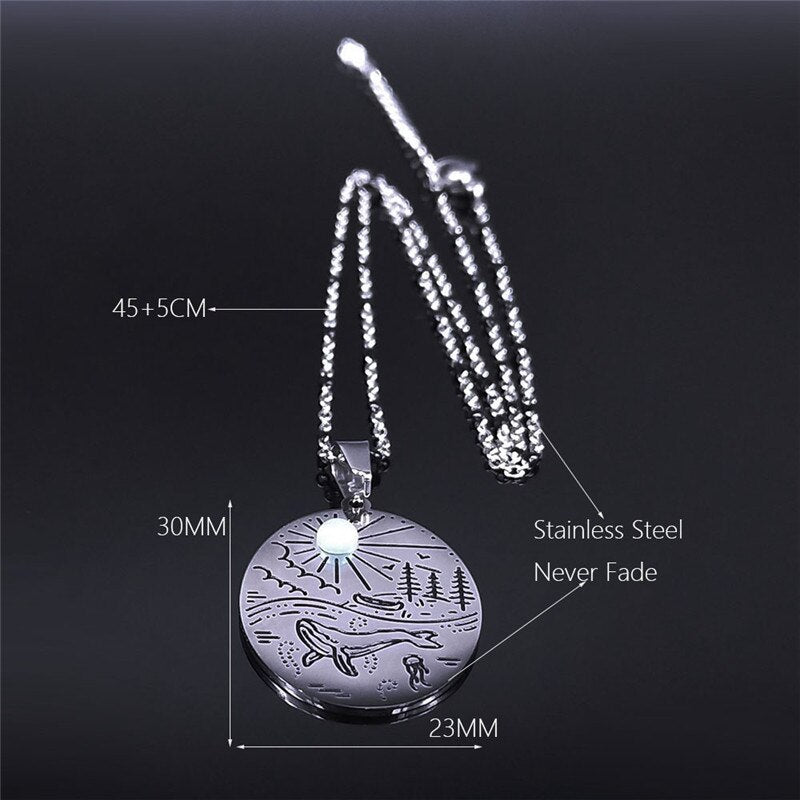 Vacation Sun Whale Beach Moonstone Stainless Steel Necklaces Silver Color Charm Necklace Jewelry collier femme NXS04