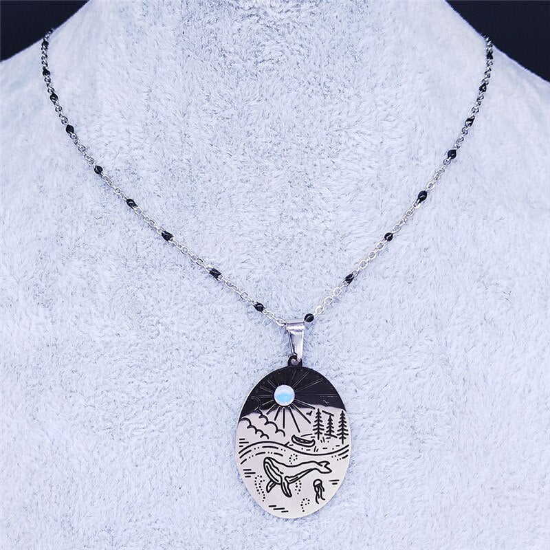 Vacation Sun Whale Beach Moonstone Stainless Steel Necklaces Silver Color Charm Necklace Jewelry collier femme NXS04