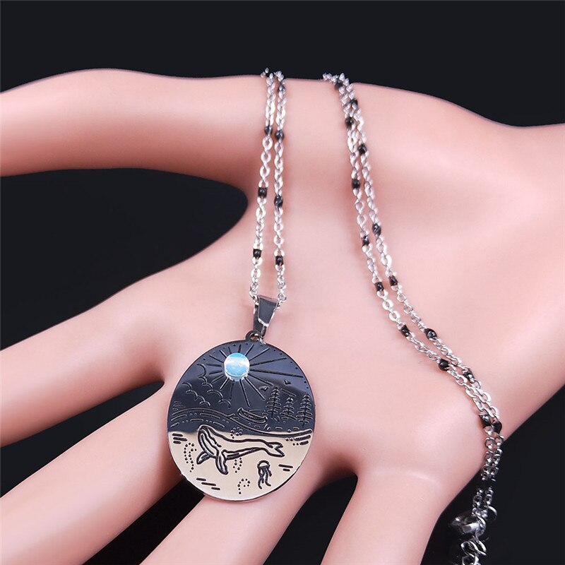 Vacation Sun Whale Beach Moonstone Stainless Steel Necklaces Silver Color Charm Necklace Jewelry collier femme NXS04