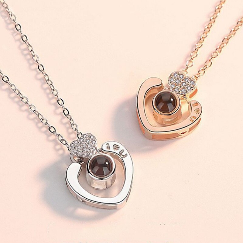 Valentine's Day Necklace 100 Languages I Love You Present Memory Projection Necklace Heart Charm Bling Necklace Pendant