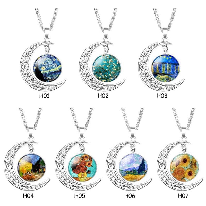 Van Gogh Half Moon Necklace Starry Night Pendant Vincent Van Gogh Art Handmade Jewelry
