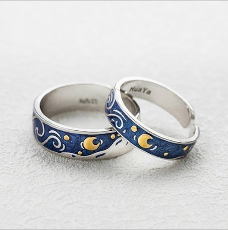 Van Gogh Starry Sky Ring Men's Women's Couple Rings Galaxy Moon Pattern Ring Accessories Party Jewelry Opening Adjustable