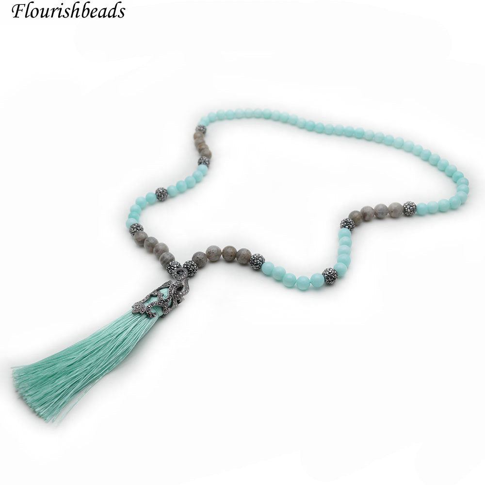 Various Bright Color Natural Stone Round Beads Tassel Pendant Long Beaded Chains Necklace Fashion Woman Jewelry