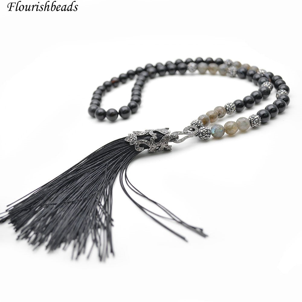 Various Bright Color Natural Stone Round Beads Tassel Pendant Long Beaded Chains Necklace Fashion Woman Jewelry