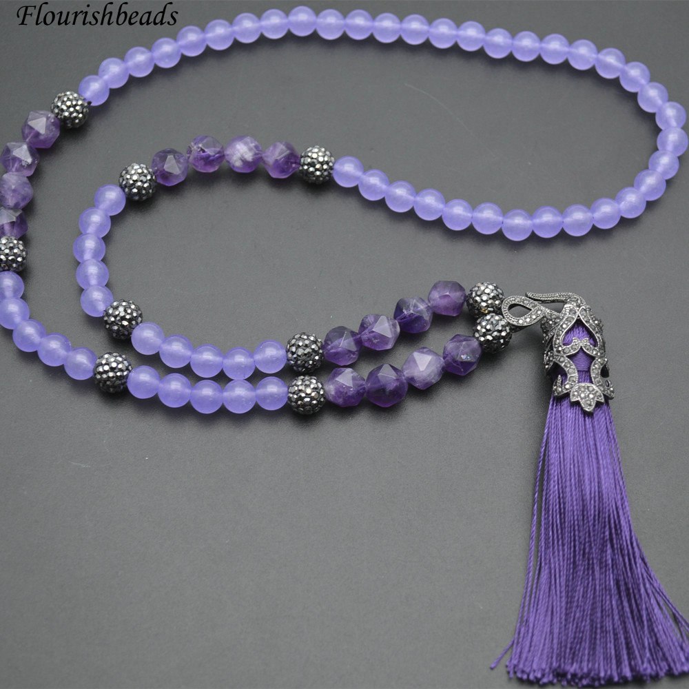Various Bright Color Natural Stone Round Beads Tassel Pendant Long Beaded Chains Necklace Fashion Woman Jewelry