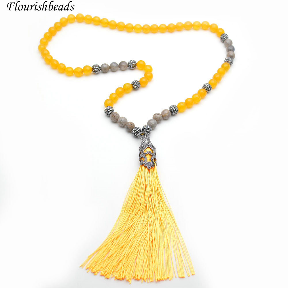 Various Bright Color Natural Stone Round Beads Tassel Pendant Long Beaded Chains Necklace Fashion Woman Jewelry