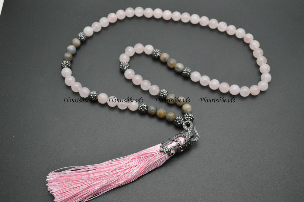 Various Bright Color Natural Stone Round Beads Tassel Pendant Long Beaded Chains Necklace Fashion Woman Jewelry