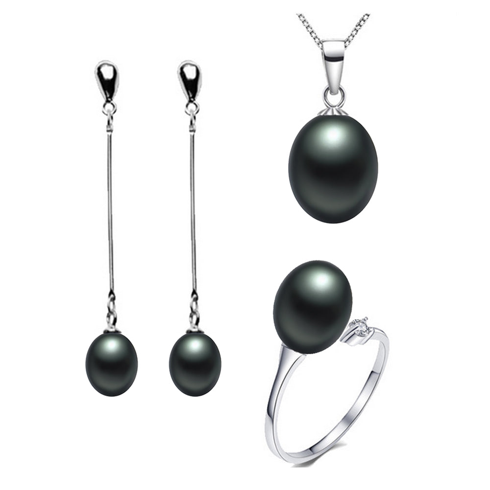 925 Sterling Silver Jewelry Sets for Women Top Quality Black Pearl Natural Pendant Necklace Earrings Ring Fashion Jewelry