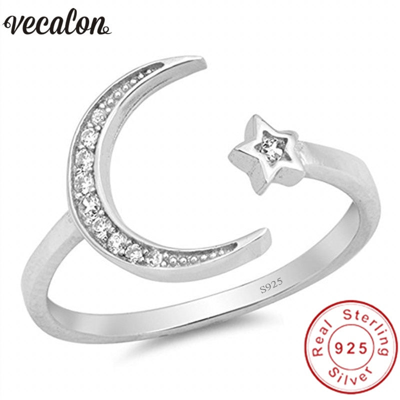 Star Moon shape 100% Soild 925 Sterling Silver ring 5A Zircon Cz Engagement wedding Band rings for women men Jewelry