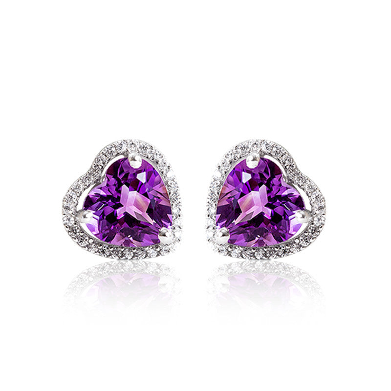 Natural Amethyst Plated Platinum Stud Earrings Sterling Silver 925 Jewelry for Women Heart Sterling-Silver-Jewelry