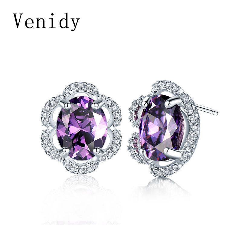 Water Drop Natural Amethyst Stud Earrings 925 Sterling Silver Flower Jewelry for Women Heart Sterling-Silver-Jewelry