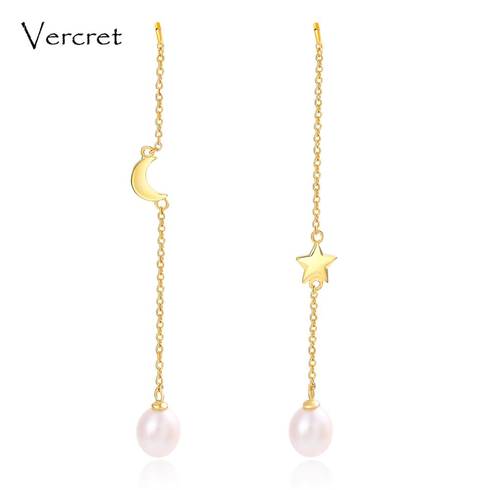 18k gold trendy pearl dangle earrings with long sterling silver chain fine jewelry women's gift