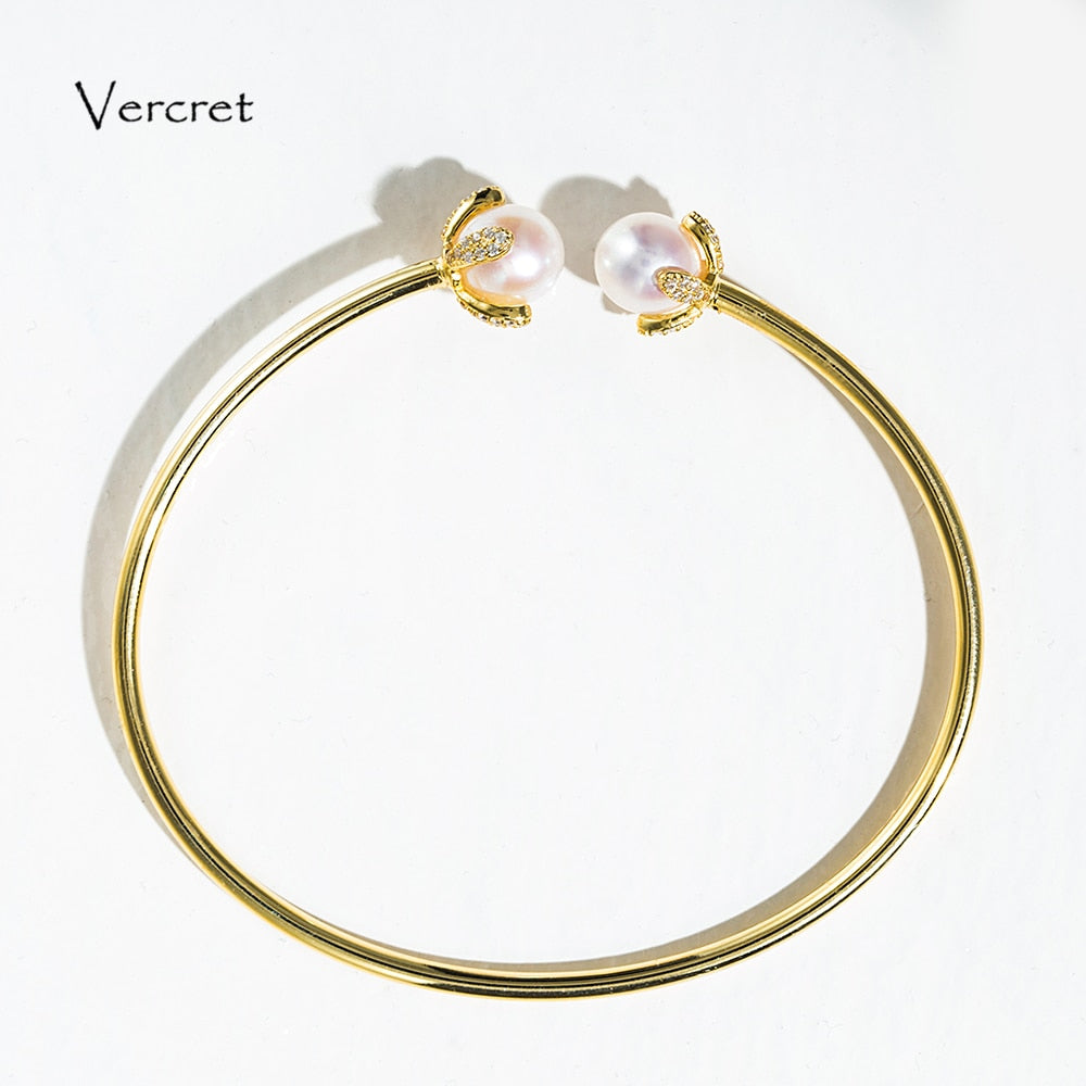 5A perfectly round pearl open bangles zircon golden flower pearl adjustable bracelet for 925 silver jewelry