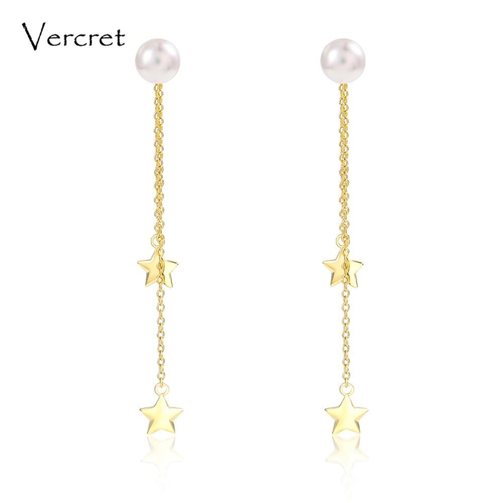 pearl earrings with long 925 sterling silver chain star charms dangle earrings jewelry for women