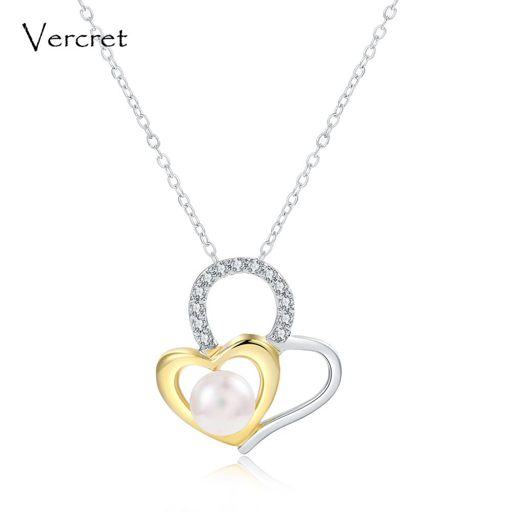 pearl necklace with 925 sterling silver chain heart to heart pendant necklace women's jewelry gift