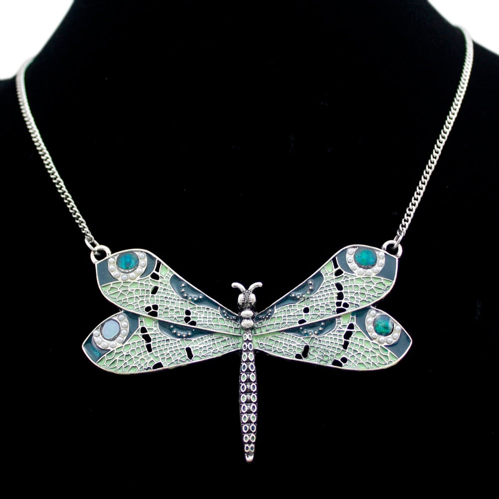 Victorian Green Celtic Dragonfly Enamel Wing Art Nouveau Pendant Necklace Jewelry Handmade Art Deco Kitsch Costume