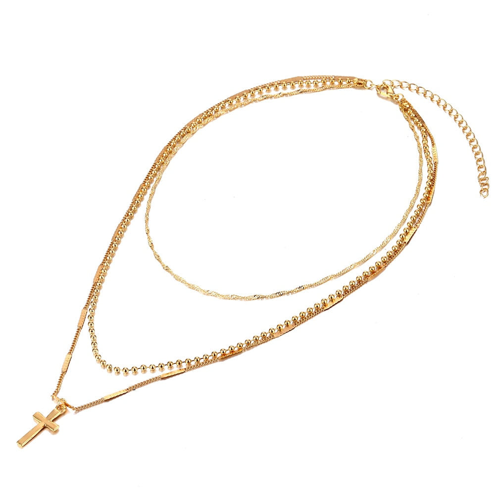Vienkim Trendy Gold Color Layered Necklace Choker Chain Boho Simple Cross Pendant Necklace For Women Jewelry Friendly Gift 2021