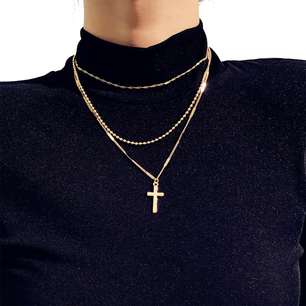 Vienkim Trendy Gold Color Layered Necklace Choker Chain Boho Simple Cross Pendant Necklace For Women Jewelry Friendly Gift 2022
