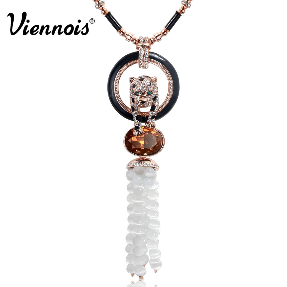 Jewelry Rose Gold/Silver Color Leopard Pendant Necklace for Woman Blue/Orange Crystal Full Rhinestone Long Necklaces