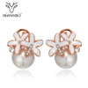 Trendy Rose Gold Color Simulated Pearl Stud Earrings for Woman Rhinestone Sweet Flower Elegant Party Female Earrings