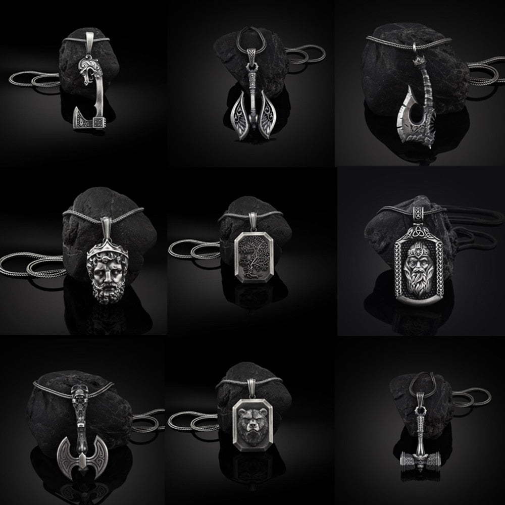 Viking Elements Human Chain Necklace Tree of Life Tomahawk Pendant Necklace Men's Vintage Pirate Necklace Hanging on the Neck
