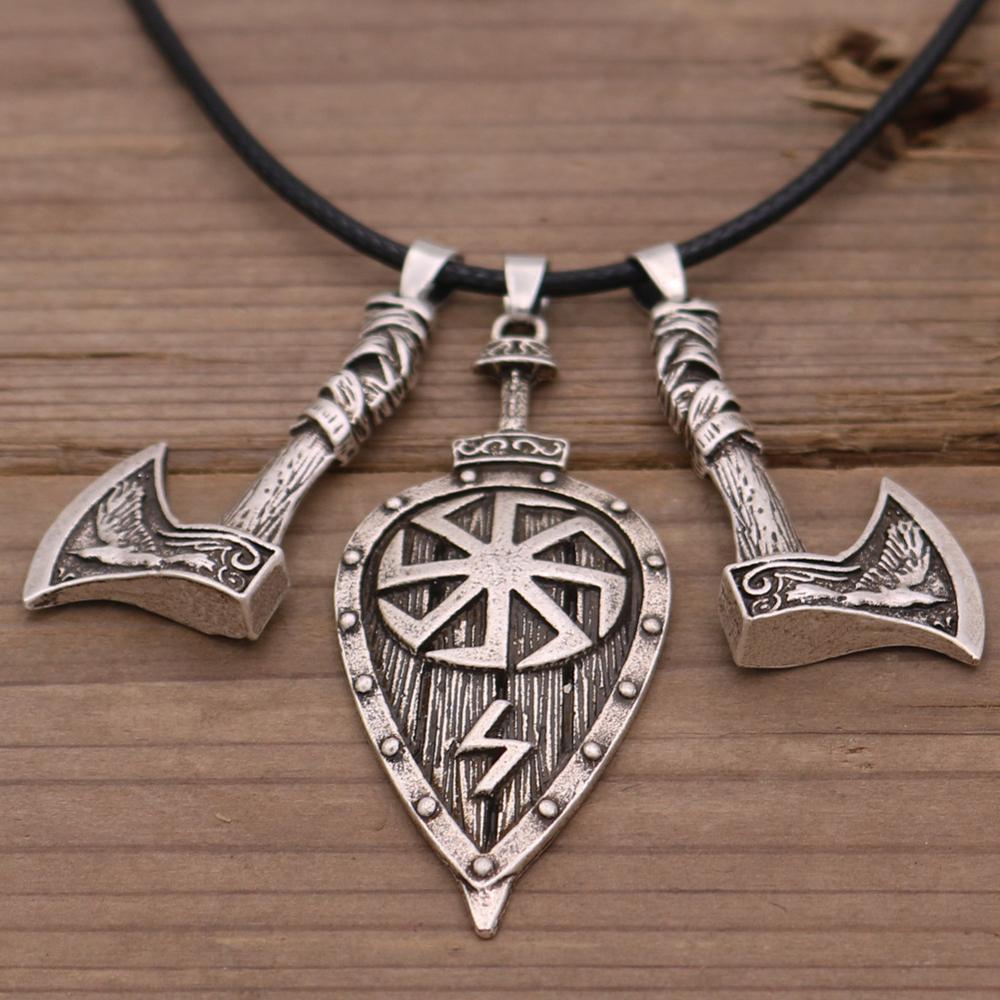 Viking Jewelry Sword Shield Odin Raven Wolf Axe Amulet Slavic Kolovrat Symbol Talisman Male Necklace