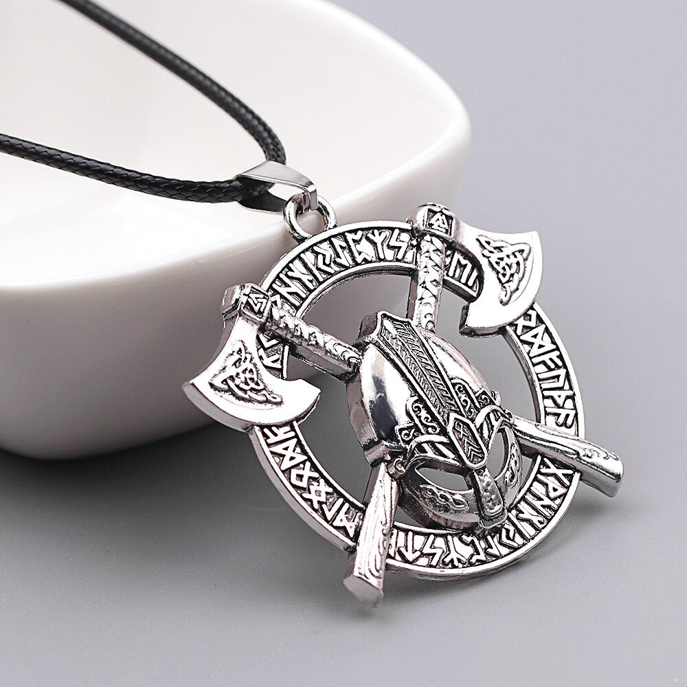 Viking Men Odin Raven Slavic Amulet Sword Axe Helmet Pendant Necklaces Jewelry Vintage Odin Runes Celtics Knot Amulet Chokers