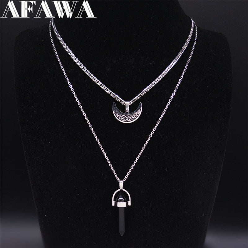 Viking Moon Stainless Steel Layered Necklace Black Color Hexagonal Column Quartz Jewelry colgantes mujer moda N3743S02