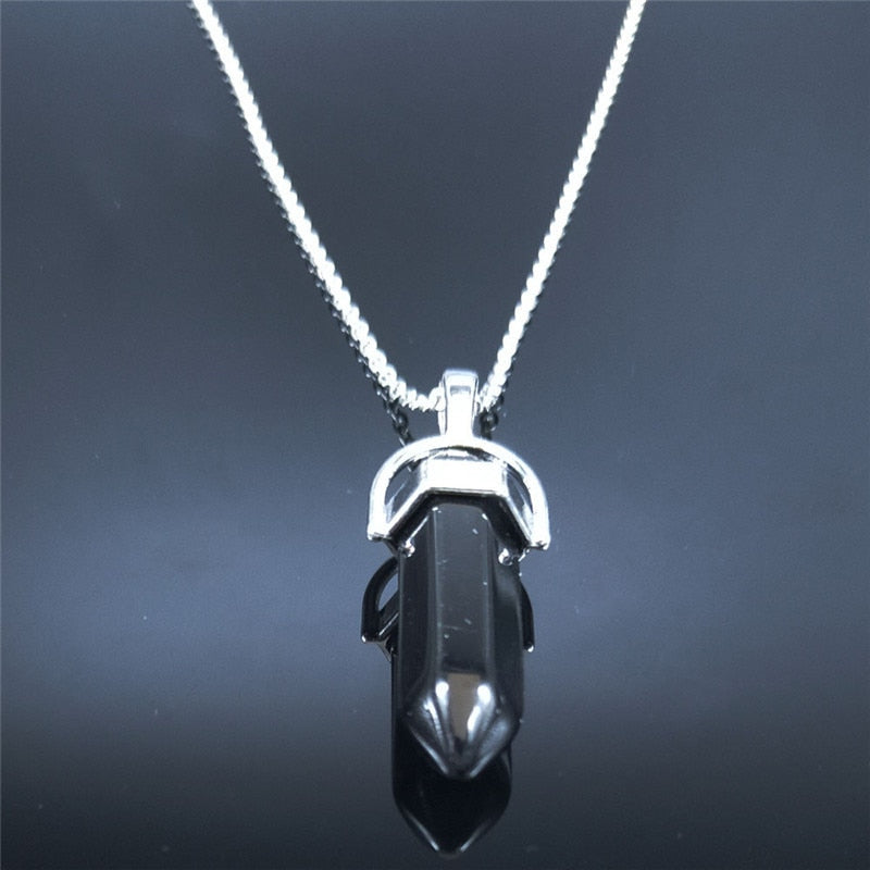 Viking Moon Stainless Steel Layered Necklace Black Color Hexagonal Column Quartz Jewelry colgantes mujer moda N3743S02