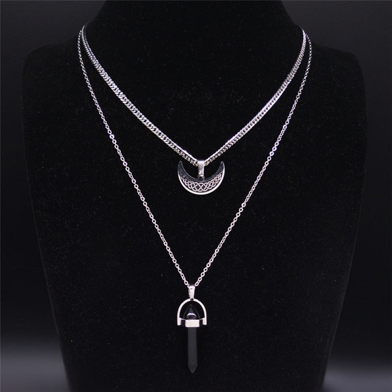 Viking Moon Stainless Steel Layered Necklace Black Color Hexagonal Column Quartz Jewelry colgantes mujer moda N3743S02