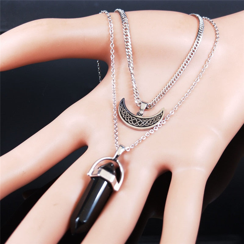Viking Moon Stainless Steel Layered Necklace Black Color Hexagonal Column Quartz Jewelry colgantes mujer moda N3743S02