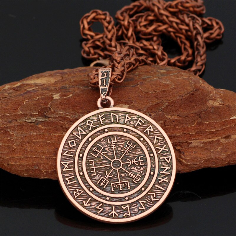 Viking Norse Helmet Horror In Runic Circle Necklace Magical Staves scandinavian Compass Rune Amulet Collier Pendant With Chain