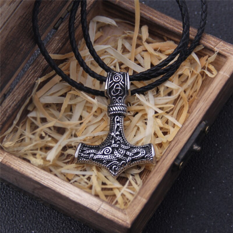 Vikings Stainless steel Anchor Norse Amulet Pendant Gold Cord Genuine Leather Rope Chain Scandinavian Necklaces Men Punk Jewelry