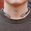 Vikings Wolf Head Choker Necklace with 3 Viking Rune Beads Men's Torque Necklace Jewelry