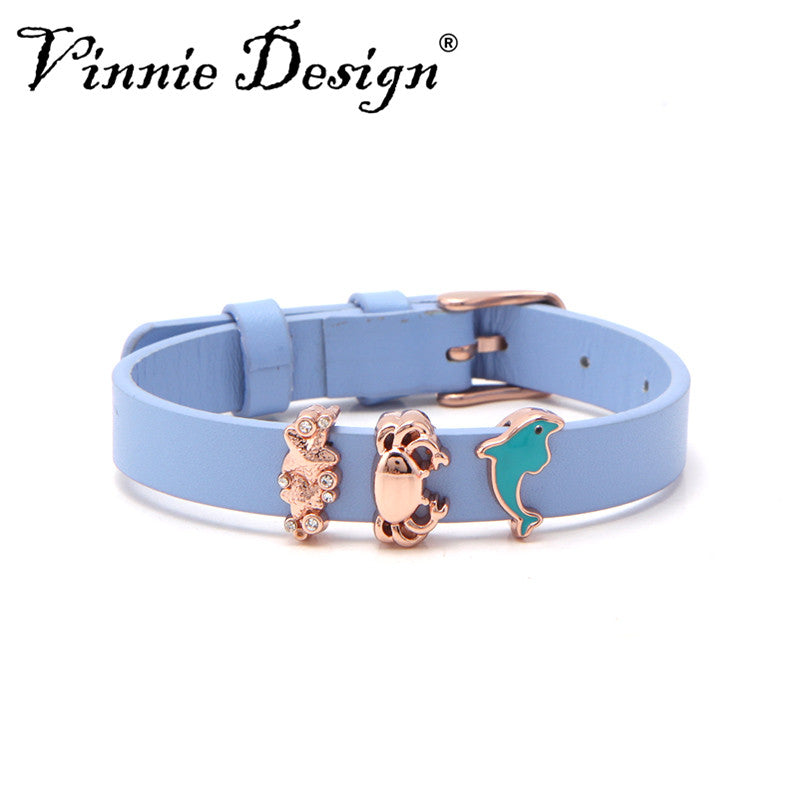 Jewelry Genuine Leather Wrap Bracelet Slide Charms Keeper Bracelets with Rose Gold Buckle