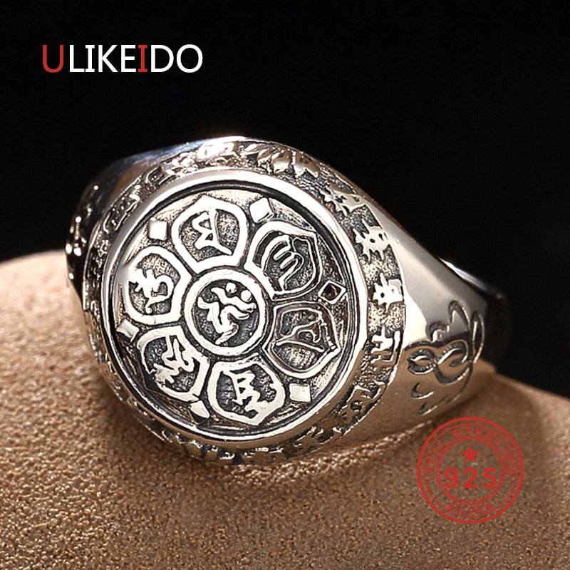 Vintage 100% Real 925 Sterling Silver Jewelry Lotus Flower Buddhistic Six Words' Mantra Rings For Women Men Lovers Gifts R1018