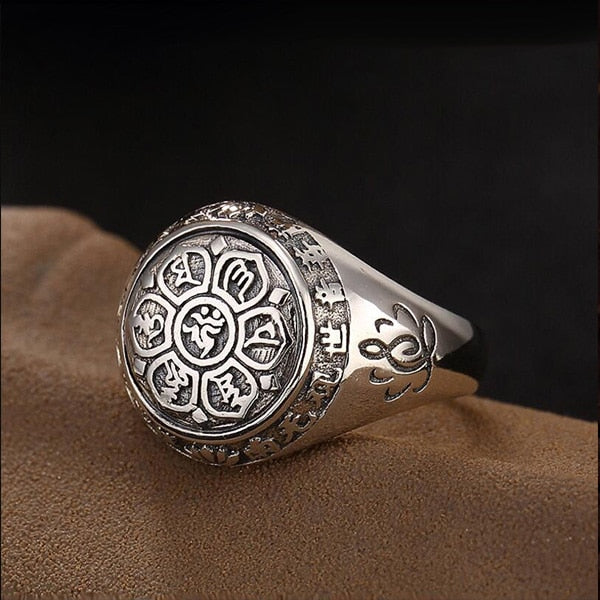 Vintage 100% Real 925 Sterling Silver Jewelry Lotus Flower Buddhistic Six Words' Mantra Rings For Women Men Lovers Gifts