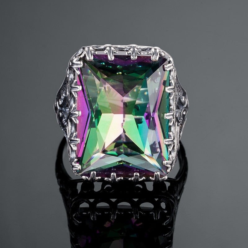 Vintage 18*21mm Big Aquamarine Mystic Topaz Rectangle Gemstone Wedding Rings For Women Pure 925 Sterling Silver Fine Jewelry