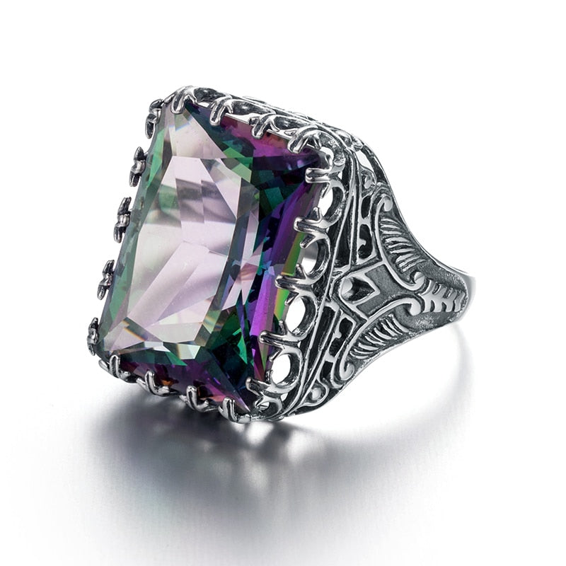 Vintage 18*21mm Big Aquamarine Mystic Topaz Rectangle Gemstone Wedding Rings For Women Pure 925 Sterling Silver Fine Jewelry