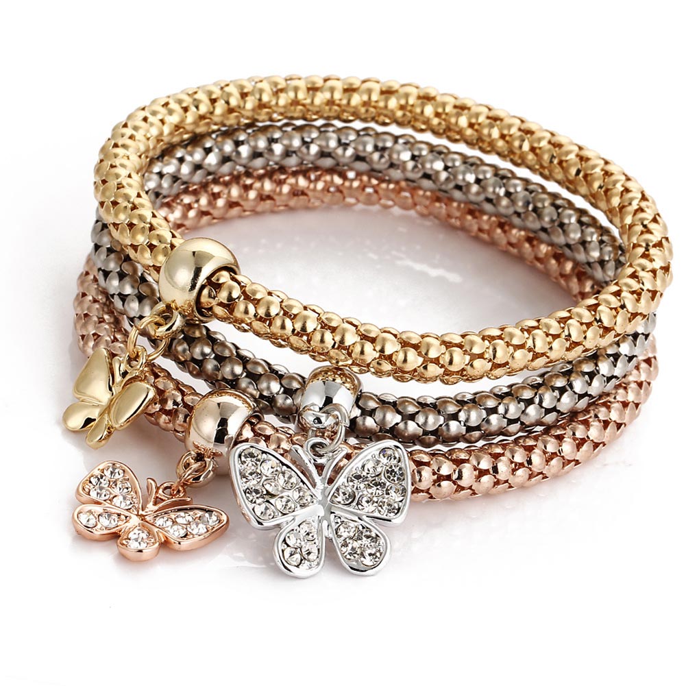 Vintage 3pcs/Set Multi Style Women Charm Rhinestone Butterfly Heart Crown Bracelet Popcorn Chain Bangle Fine Jewelry Gifts SL