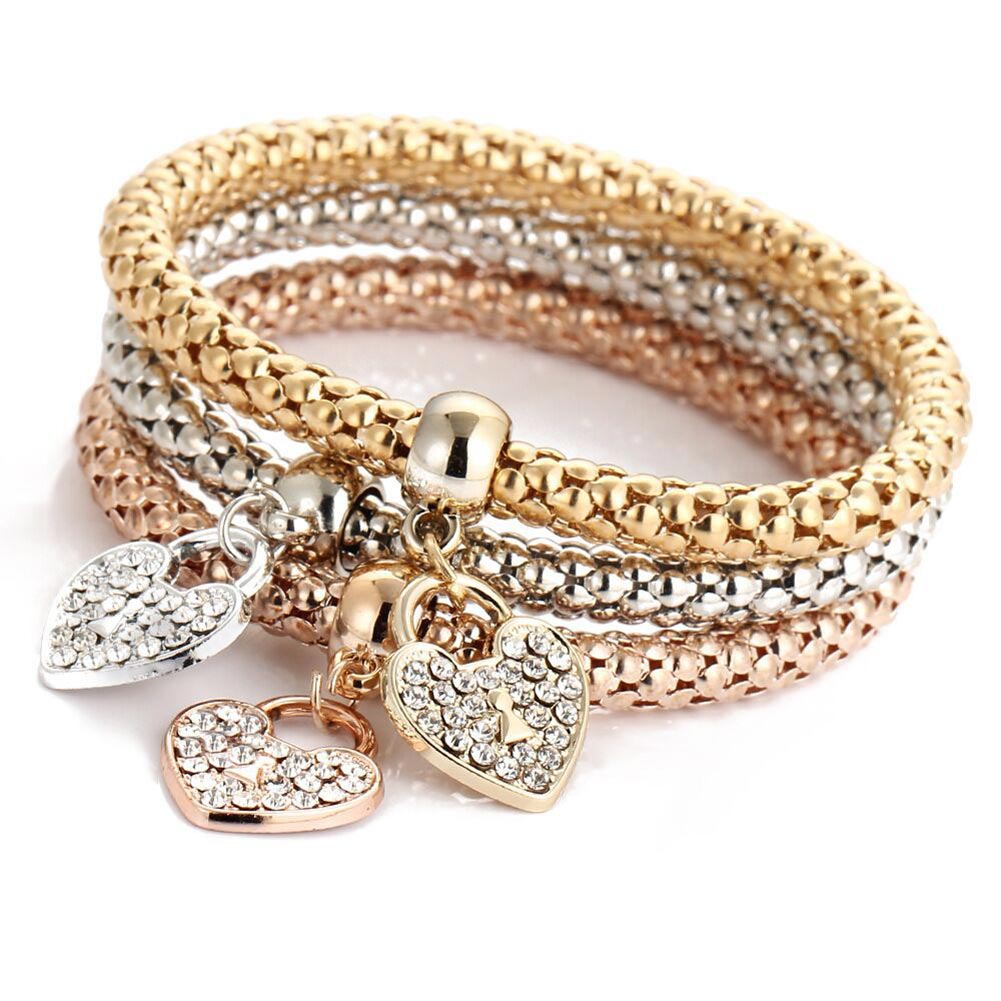 Vintage 3pcs/Set Multi Style Women Charm Rhinestone Butterfly Heart Crown Bracelet Popcorn Chain Bangle Fine Jewelry Gifts SL