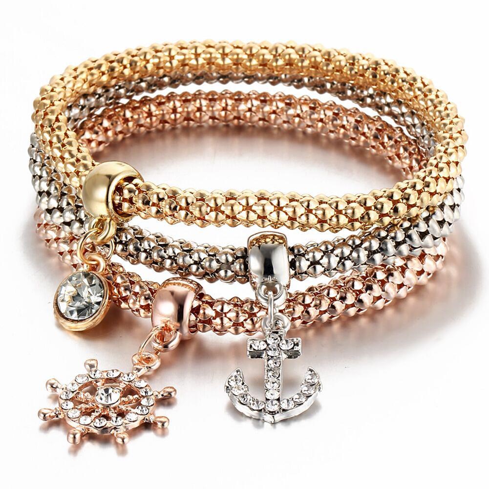 Vintage 3pcs/Set Multi Style Women Charm Rhinestone Butterfly Heart Crown Bracelet Popcorn Chain Bangle Fine Jewelry Gifts SL