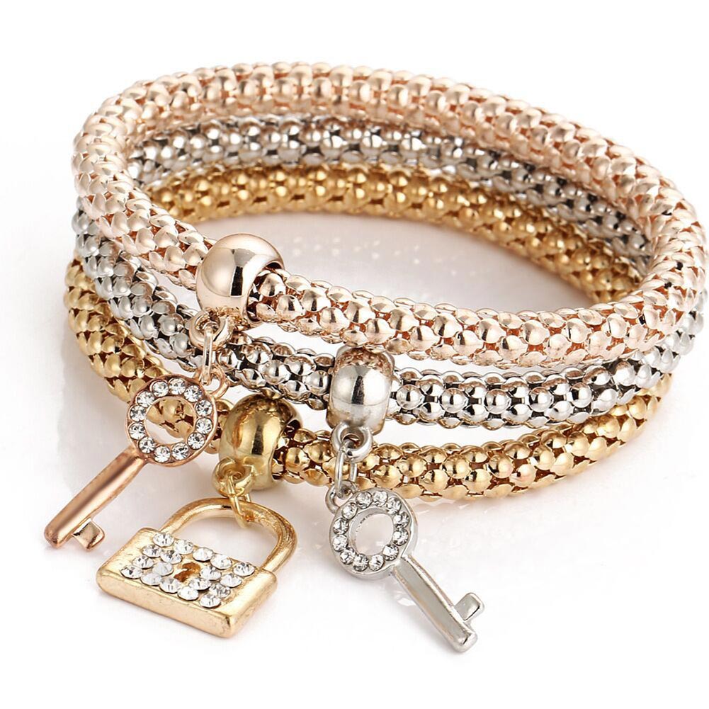 Vintage 3pcs/Set Multi Style Women Charm Rhinestone Butterfly Heart Crown Bracelet Popcorn Chain Bangle Fine Jewelry Gifts SL