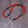 Vintage 8mm Red Pine Stone Christ Rosary Necklaces Hematite Cross Pendant Necklace for Men Women Jewelry