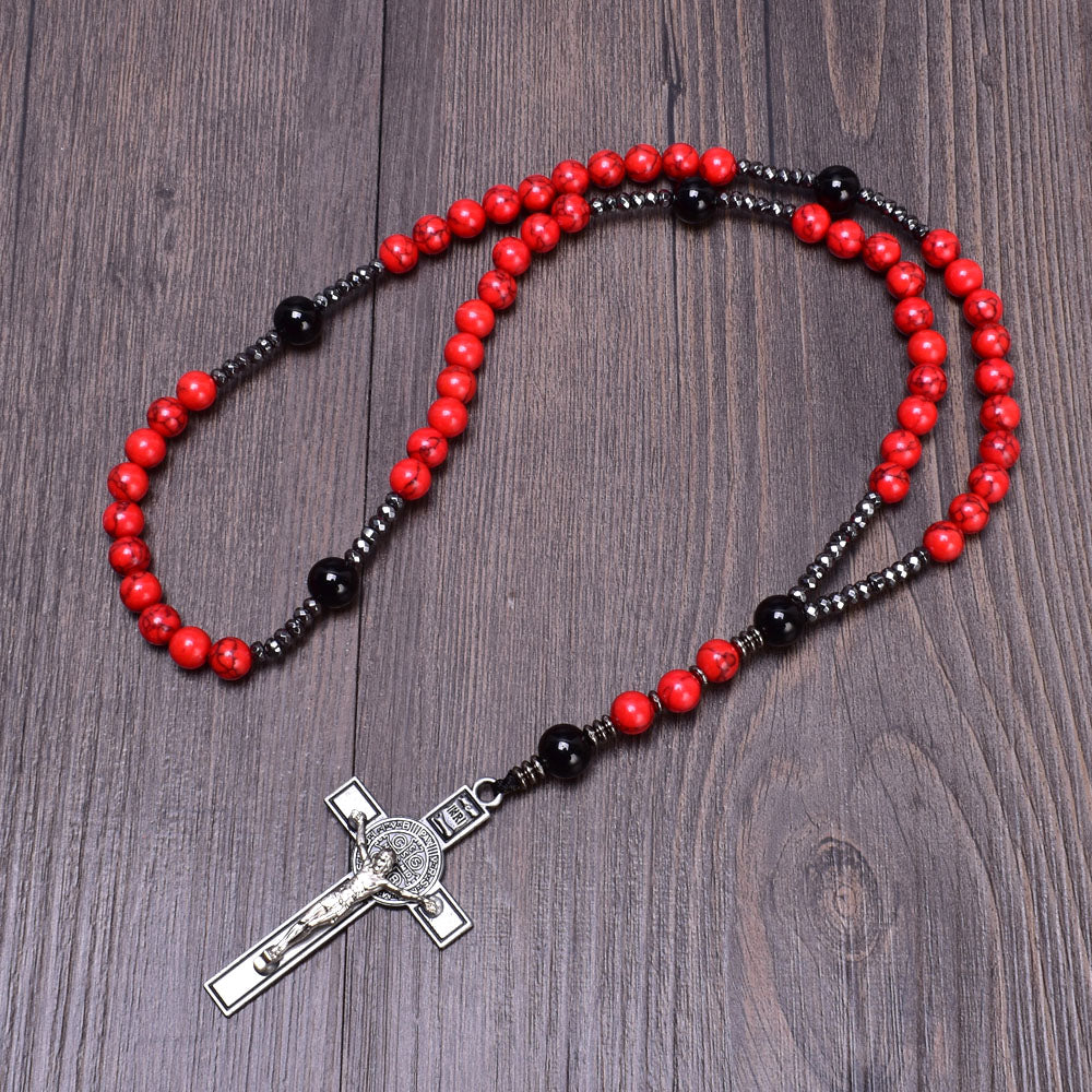 Vintage 8mm Red Pine Stone Christ Rosary Necklaces Hematite Cross Pendant Necklace for Men Women Jewelry