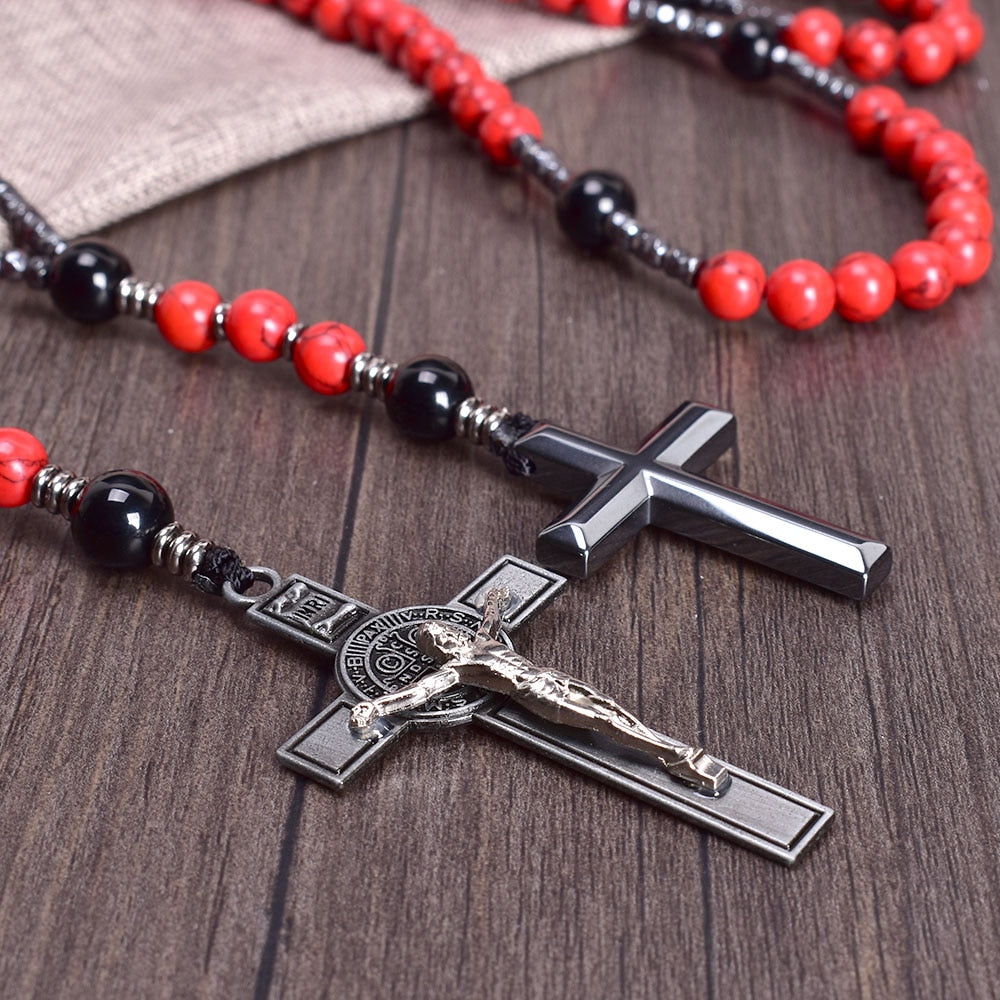 Vintage 8mm Red Pine Stone Christ Rosary Necklaces Hematite Cross Pendant Necklace for Men Women Jewelry