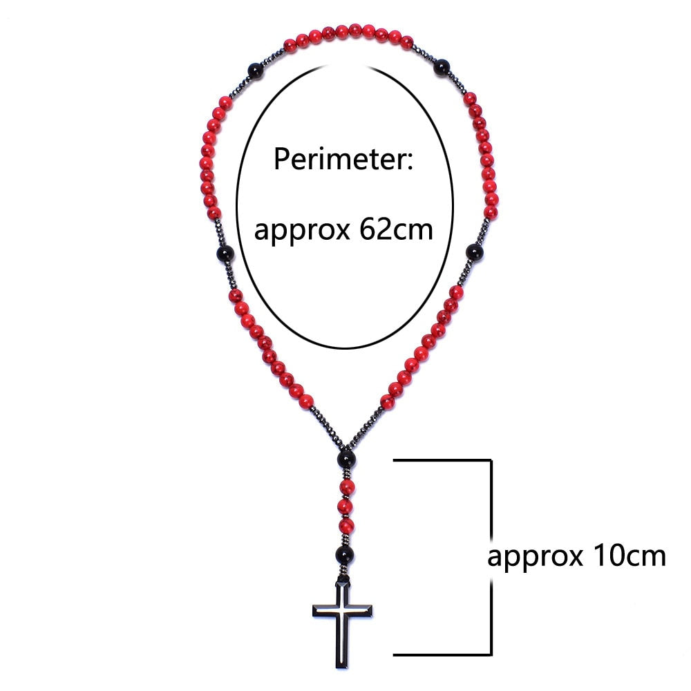 Vintage 8mm Red Pine Stone Christ Rosary Necklaces Hematite Cross Pendant Necklace for Men Women Jewelry