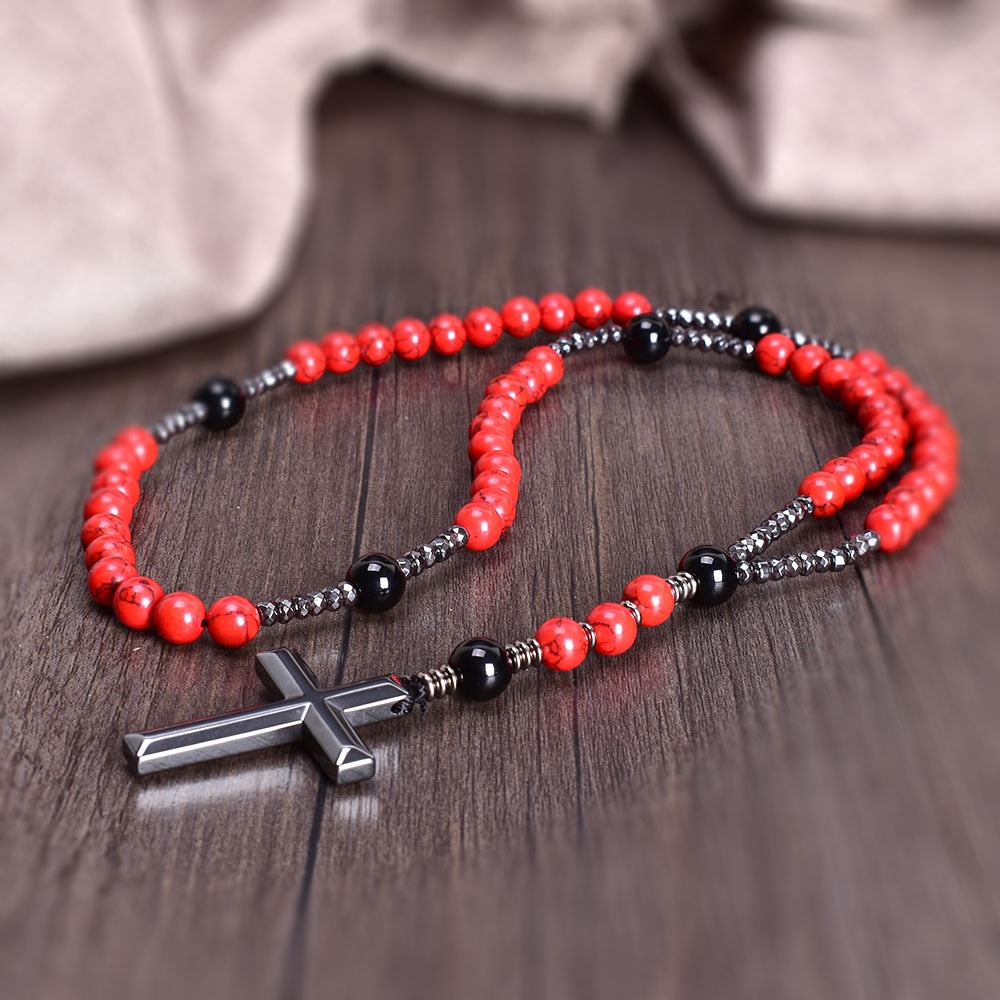 Vintage 8mm Red Pine Stone Christ Rosary Necklaces Hematite Cross Pendant Necklace for Men Women Jewelry