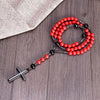 Vintage 8mm Red Pine Stone Christ Rosary Necklaces Hematite Cross Pendant Necklace for Men Women Jewelry