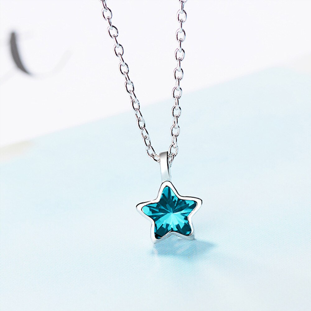 Vintage 925 Stamp Silver Color Blue Star Crystal Pendants And Necklaces For Women Wedding Korean Jewelry